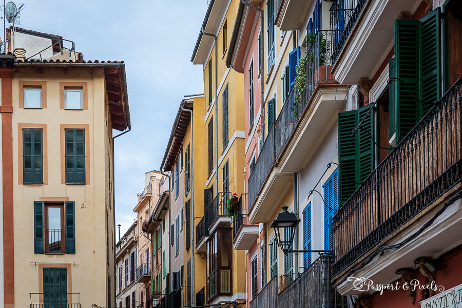 Colourful old buildings in Palma Old Town Mallorca