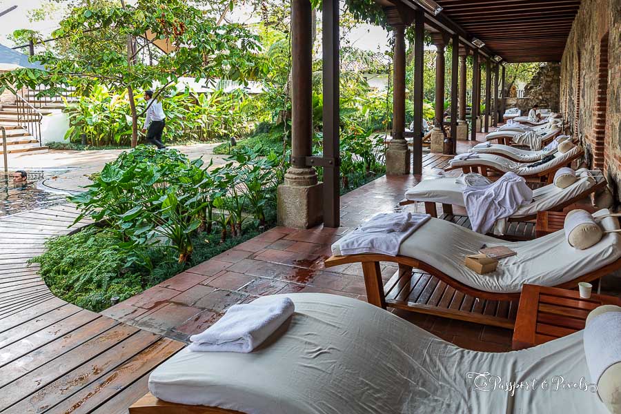 The luxury Casa Santo Domingo spa has comfy beds arranged around the pool