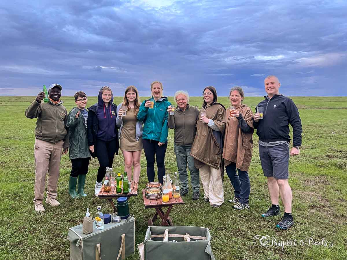 Some of our group wearing fleeces, hoodies or ponchos at the cool end of the day in Kenya