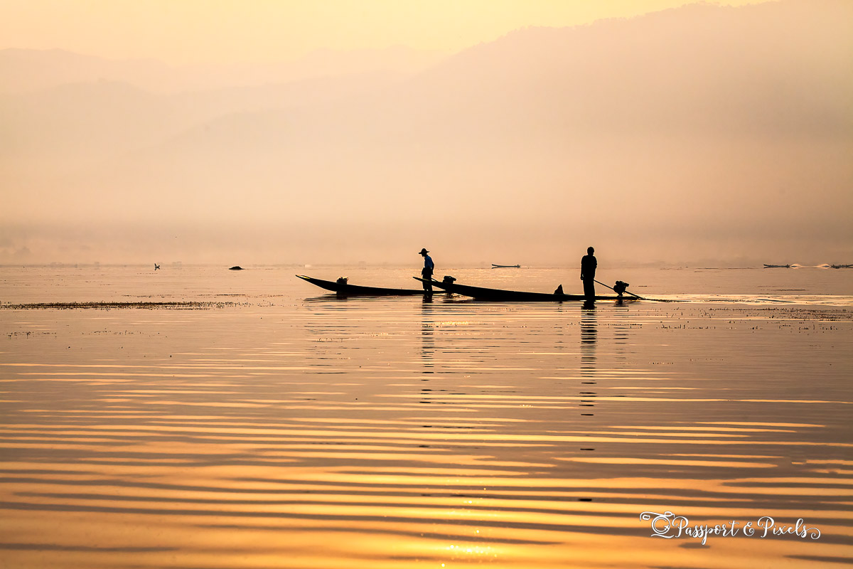 Fishermen at sunrise, Inle Lake, Myanmar