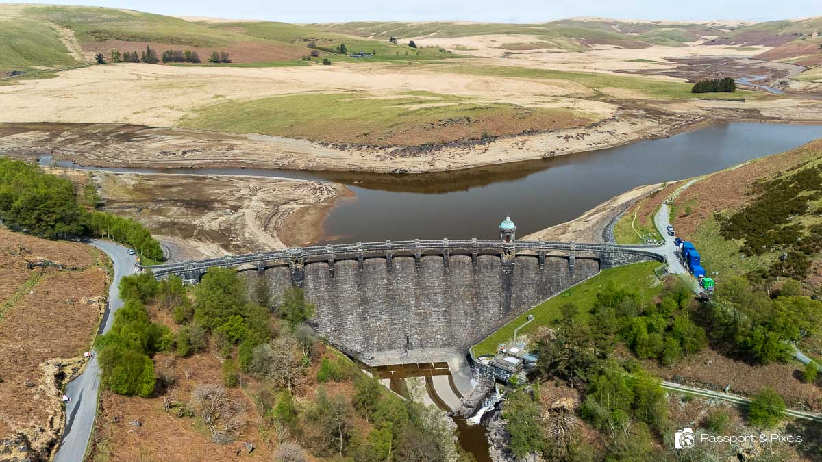 Aerial drone view of the Craig Goch Dam in the Elan Valley in Wales