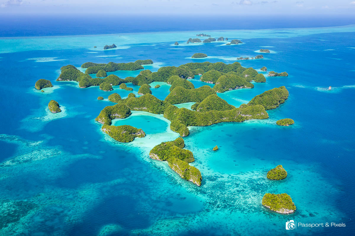 Palau's 70 Islands Rock Islands Southern Lagoon seen from the air. Photo by Bella Falk / Passport & Pixels